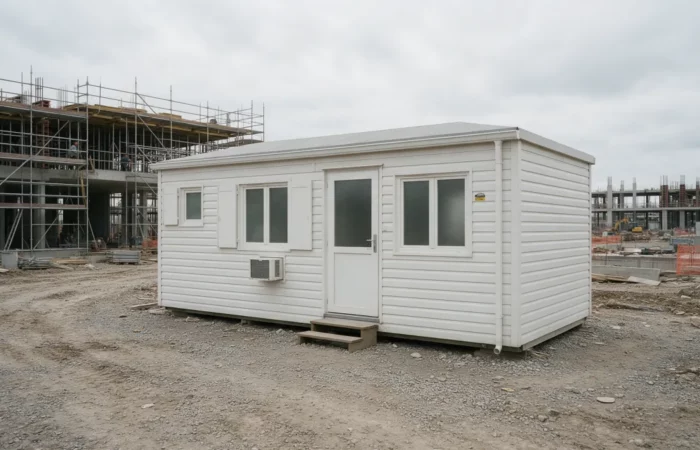 Bungalow de chantier blanc posé sur un sol gravillonné devant un échafaudage