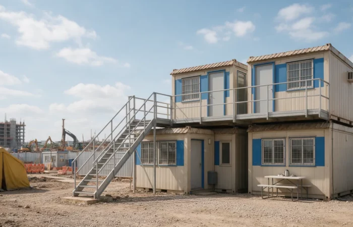 Base vie de chantier formée de modules superposés avec escalier métallique