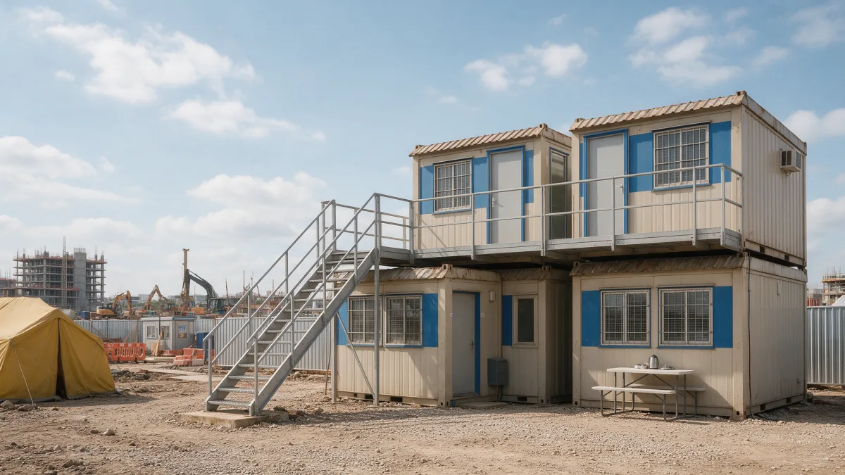 Base vie de chantier formée de modules superposés avec escalier métallique