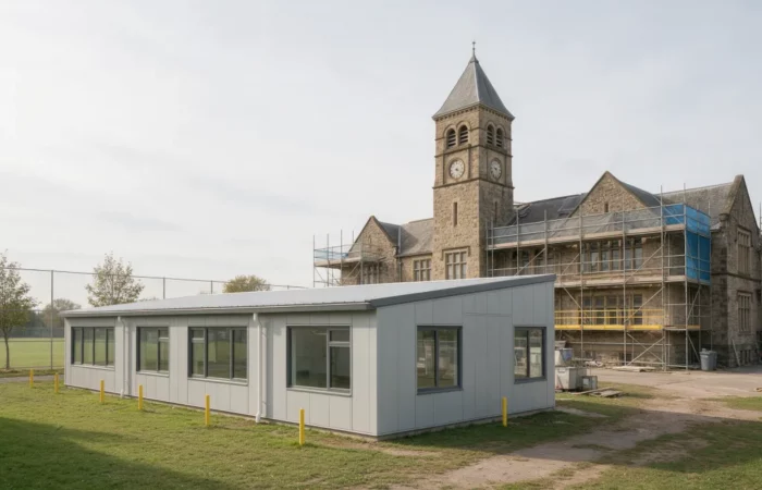 Bâtiment temporaire modulaire installé dans une cour d'école à côté d'un bâtiment en travaux