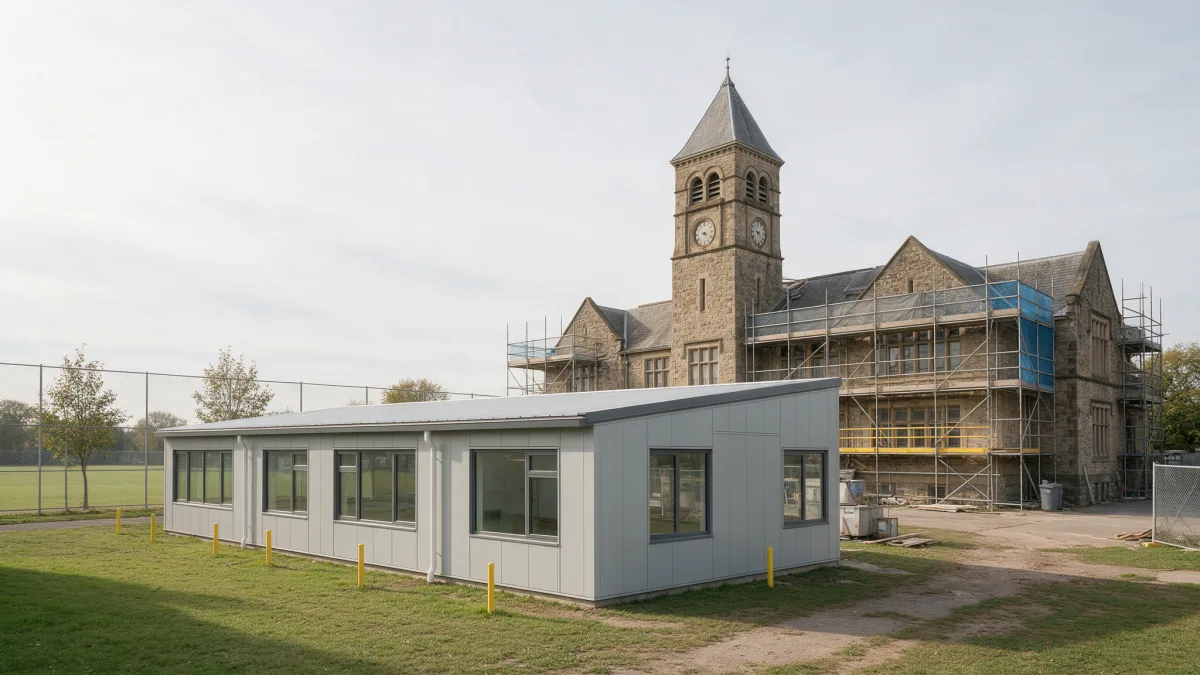 Bâtiment temporaire modulaire installé dans une cour d'école à côté d'un bâtiment en travaux
