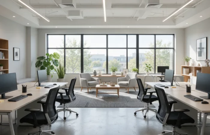 Intérieur de bureau modulaire lumineux avec postes de travail et grandes fenêtres