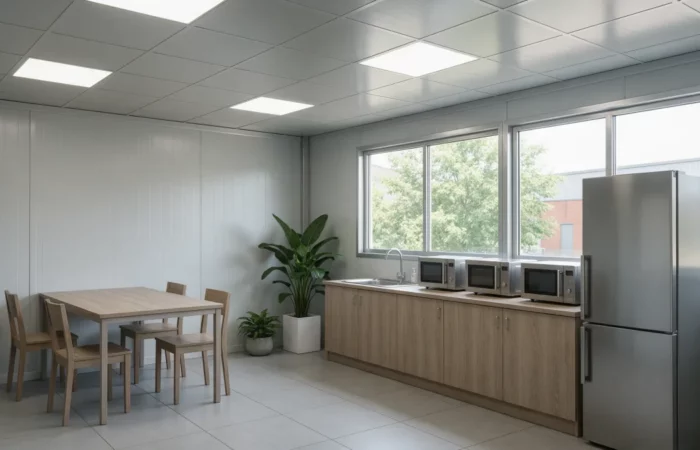 Réfectoire d'entreprise modulaire avec tables, chaises et coin cuisine équipé