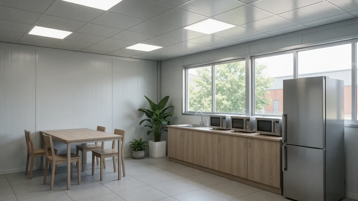 Réfectoire d'entreprise modulaire avec tables, chaises et coin cuisine équipé