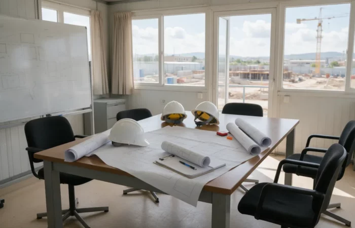 Bureau de chantier avec table de réunion, plans et casques de sécurité