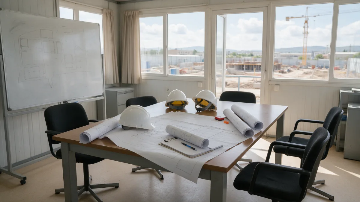 Bureau de chantier avec table de réunion, plans et casques de sécurité