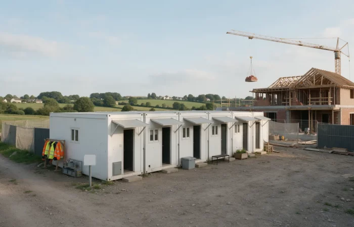 Base vie de chantier en modules blancs à côté d'un chantier de logements avec grue