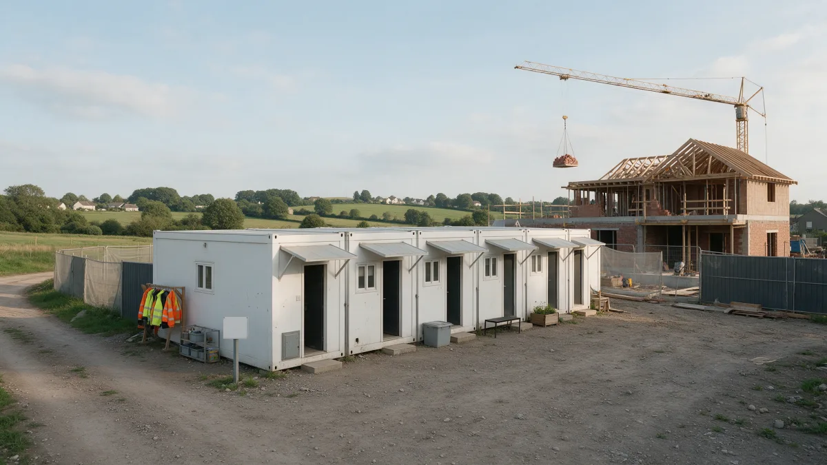 Base vie de chantier en modules blancs à côté d'un chantier de logements avec grue