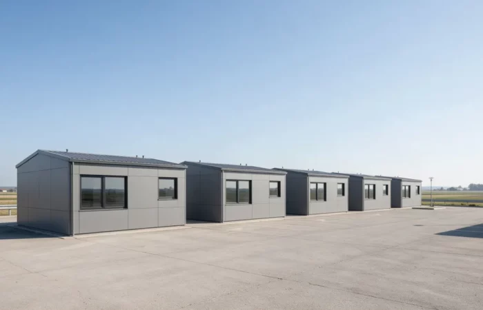 Rangée de bâtiments modulaires à bardage gris sur une plateforme en bordure de champs
