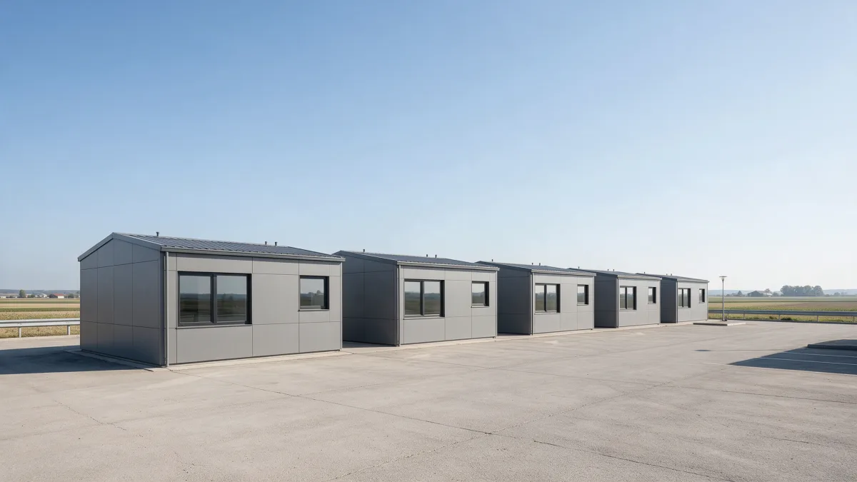 Rangée de bâtiments modulaires à bardage gris sur une plateforme en bordure de champs